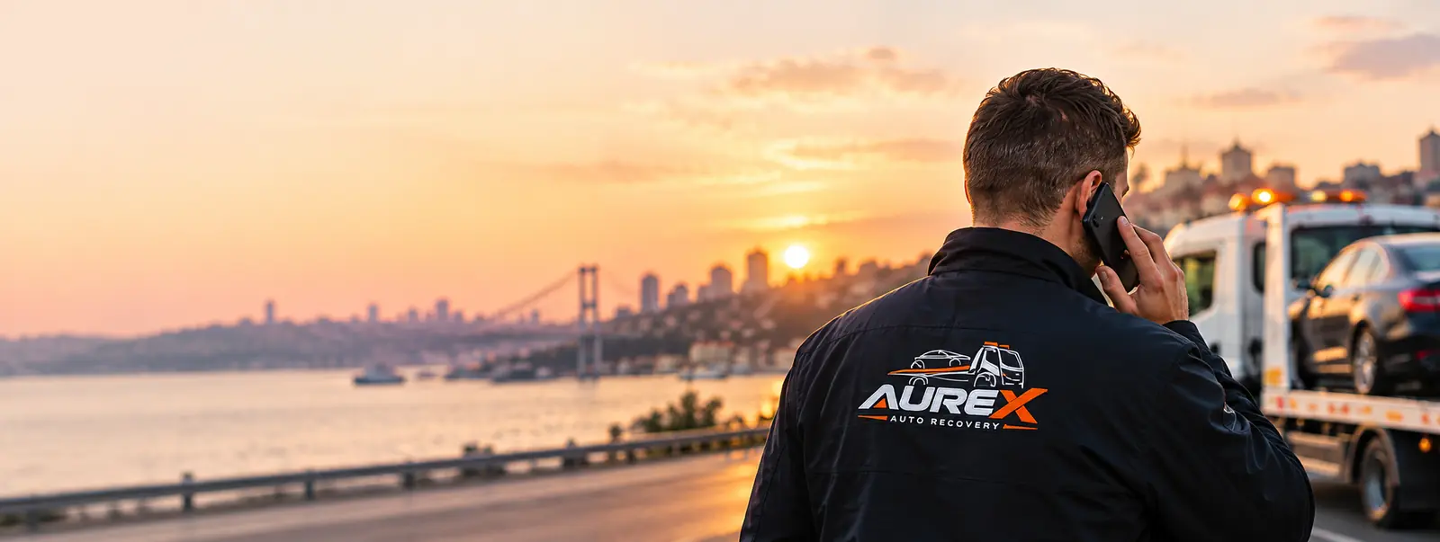 Aurex Oto Kurtarıcı ekibinden bir çalışan telefonla müşteriyle konuşuyor, arkada çekici