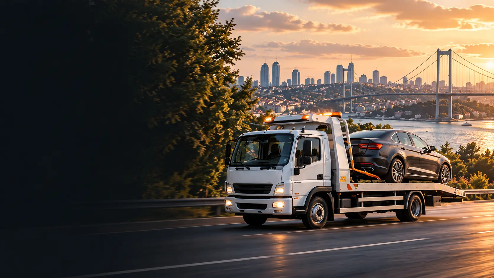 İstanbul Boğazı önünde, platformunda otomobil taşıyan Aurex çekicisi